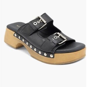 Musse & Cloud Black Leather Buckle Clog Mules with Wood-Effect Platform